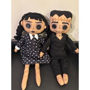 Wednesday Addams & Frankenstein Gothic unique Rag Dolls set - Button Eyes Boho